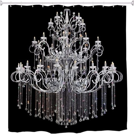 Baroque Abstrait 3D Cristal Lustre Motif Fond Noir Imprimer Tissu Imperméable Rideau De Bain Rideau en Polyester Rideau De Douche avec Crochets Anneaux 180x180 cm / 72x72 (1/3)