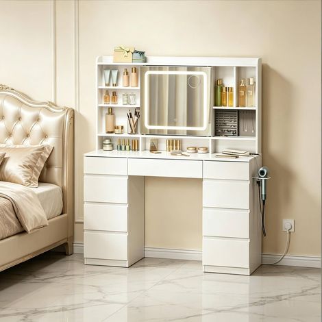 Tocador 110x40x140 cm blanco de madera manufacturada y vidrio con LED regulable, enchufes y espejo deslizante (1/5)
