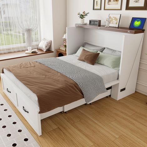 Letto a scomparsa 140 x 200 cm con presa europea, ruote e struttura in metallo, bianco HAVRYA (1/5)