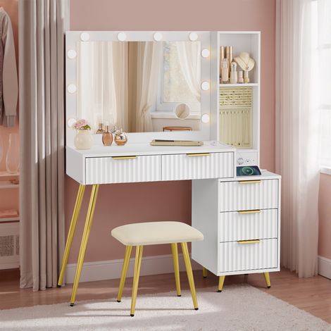 Table de Maquillage, avec Miroir et Tabouret, Éclairage LED, Multiprise, 40 x 110 x 135 cm, Blanc (1/5)