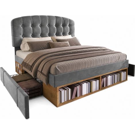 Letto matrimoniale 140x200 in velluto grigio con rete, testiera regolabile e cassetti (1/5)
