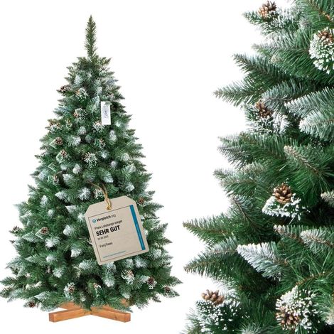 FairyTrees Weihnachtsbaum künstlich 180cm Kiefer mit Christbaum Holzständer Tannenbaum künstlich mit Natur-Weiss beschneit Made in EU (1/5)