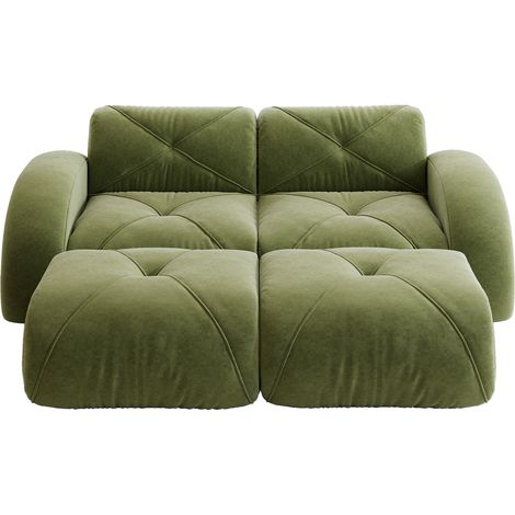Sofá modular de 2 plazas en chenilla verde con 2 pufs, sin montaje (1/5)