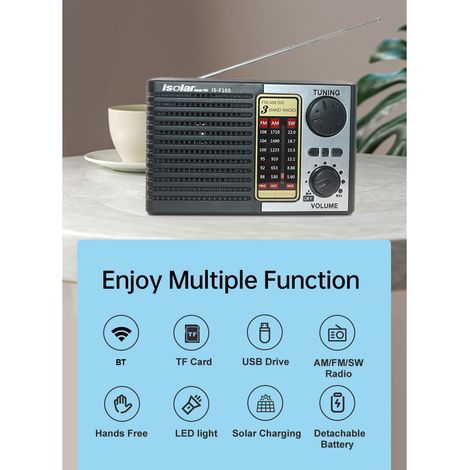 Radio d'urgence solaire portable FM/AM/SW avec Bluetooth, lecteur TF et lampe torche intégrée, noire, autonome et robuste pour extérieur (1/3)