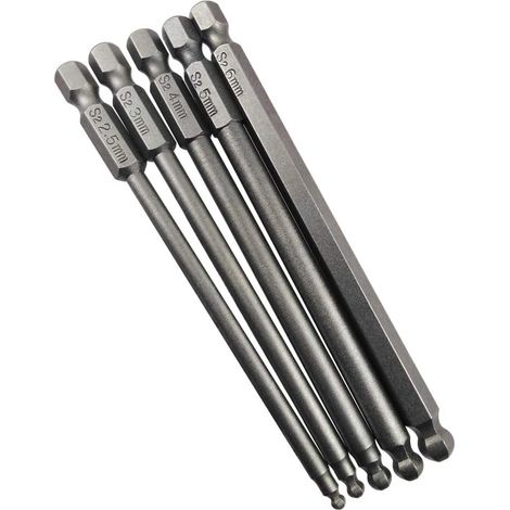 Jeu d'embouts de tournevis à tige hexagonale sphérique Bande magnétique 1/4" Tige hexagonale Longueur 100 mm 2,5 mm 3 mm 4 mm 5 mm 6 mm - 5 pièces (1/5)