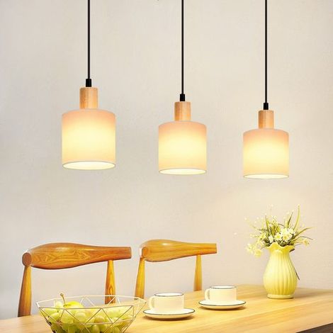 Gbly – Lampe à suspendre en bois et tissu vintage E14 – Abat-jour blanc – Longueur corde 150 cm – Éclairage pour salle à manger et salon (1/5)