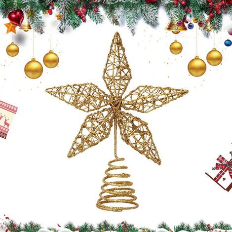 Étoile de sapin de Noël 25 cm en fil de fer, étoile creuse pour cimier de sapin (dorée) (1/5)