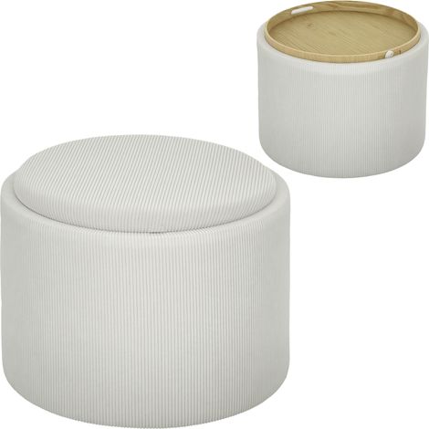 Pouf coffre rond cordurée + MDF, repose-pieds intérieur, rangement caché, crème blanc