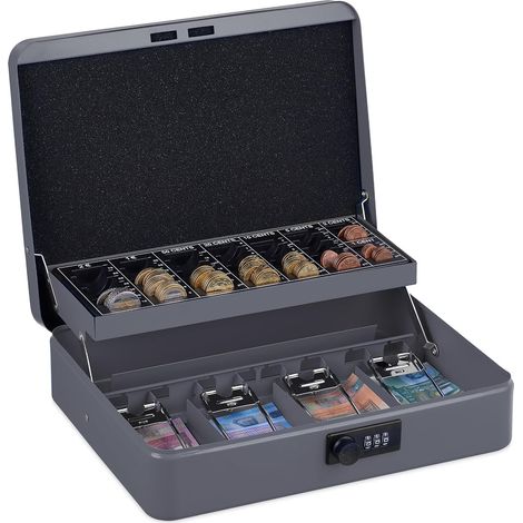 1 Caisse à monnaie, combinaison 3 chiffres, compartiments divisés, fer poudré, transportable, gris (1/5)