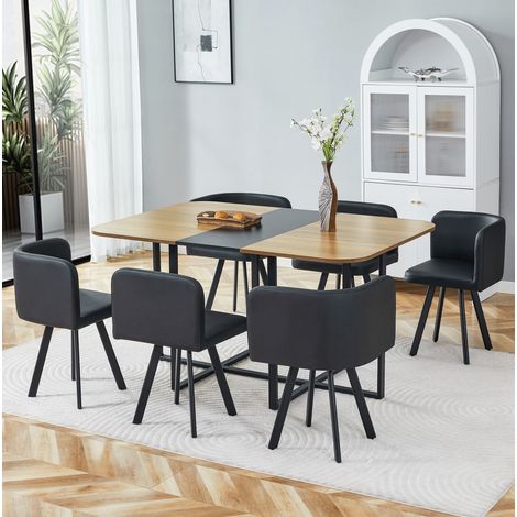 Conjunto de Mesa de Comedor y Sillas Extensible, Sillas Guardables Bajo la Mesa, en MDF y Metal, Negro y Madera (1/5)