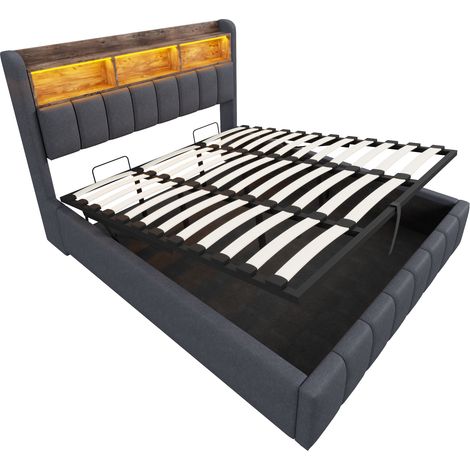 Cama tapizada 180 x 200 cm gris con LED, USB y arcón de almacenamiento (1/5)