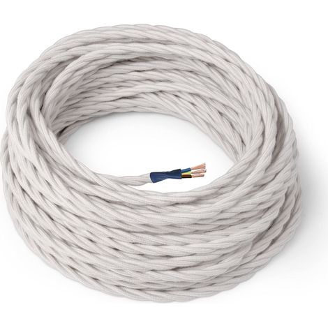Amarcords - Cavo elettrico tessile colore BIANCO, trecciato, cotone, 50 metri, con messa a terra 3x0,75mm - Filo rivestito in tessuto colorato vintage per lampade lampadari applique e abat jour. (1/5)