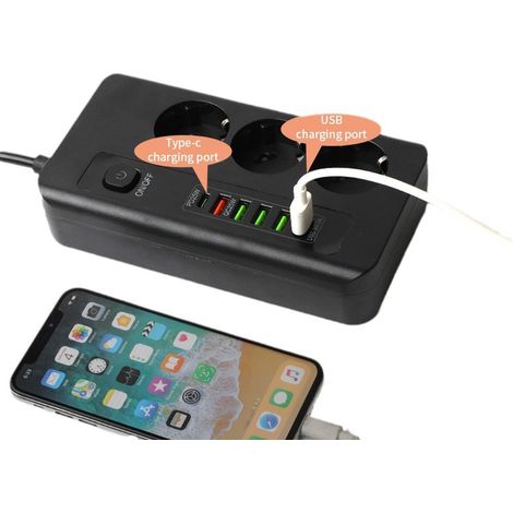 Multiprise 3 Prises Schuko + USB-C + 5 USB, Protection Contre les Surtensions, Câble 2m, Noir (1/4)
