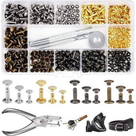 Rivets en Cuir 180 Pièces 3 Tailles Double Rivet Goujons Tubulaires en Métal Rivets Couture Sac,Rivets Cuir avec 3 Pièces Outil de Fixation et Punch Pince pour Artisanat en Cuir DIY Rivets,4 Couleurs (1/5)