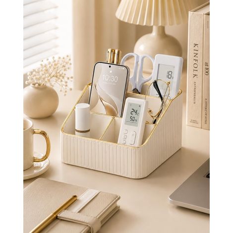 Organiseur de bureau 4 compartiments en cuir PU, range-télécommandes avec finitions dorées, pour table de chevet et salon, blanc (1/5)