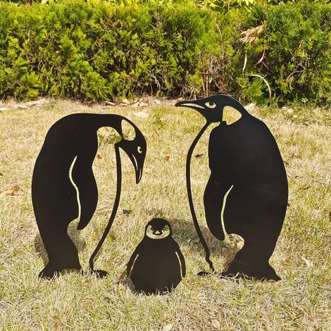 Lot de 3 piquets de jardin en métal en forme de pingouins, ornements animaux creux pour le jardin, tuteurs décoratifs. (Famille de pingouins) (1/5)