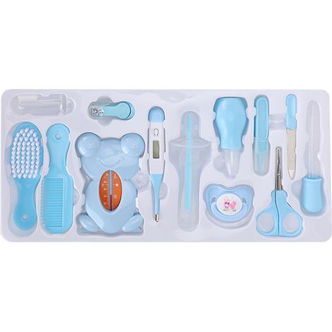 Kit de soins bébé bleu : coupe-ongles, lime à ongles, pince à épiler, thermomètre, brosse, peigne, outils pour nourrisson (1/5)