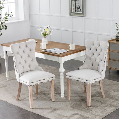 Ensemble 2 chaises salle à manger moderne haut de gamme - Bois massif, capitonnage lin beige et garniture cloutée - 62x50x95 cm (1/5)