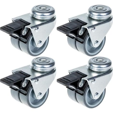 Roulette - Doppel - Grauer Gummi - 50mm - Set von 4 mit Bremse