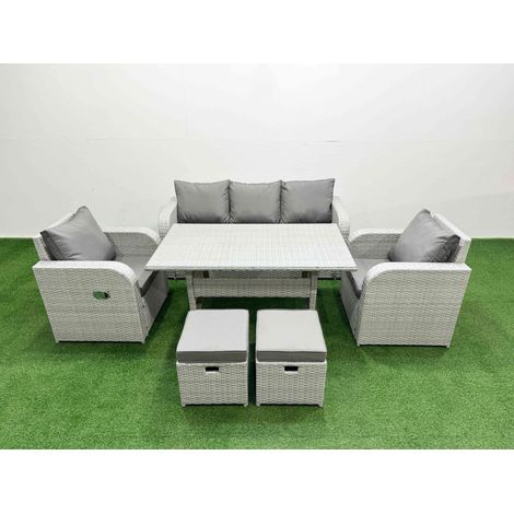Fimous PE Rattan Garden Furniture Set Reclining Chair Sofa Lounge Sofa Set Rectangular Dining Table 2 Small Stools Light Grey (1/4)