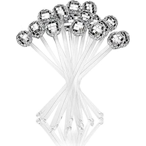 Lot de 24 piques à cocktail en forme de boule disco, agitateurs à cocktail ronds en plastique, parfaits pour mélanger boissons, café et autres boissons à la maison. (1/5)