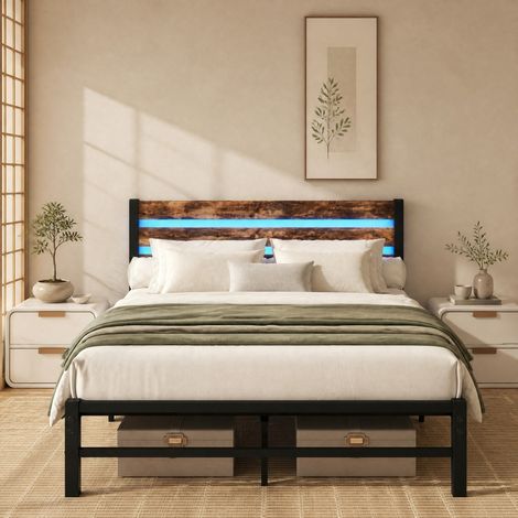 Letto matrimoniale 140x200 cm in metallo con testiera, LED RGB, USB e vano contenitore (1/5)