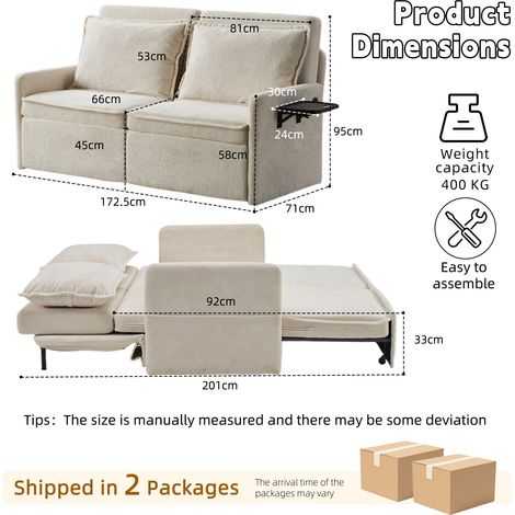 Canapé-lit convertible avec coussins et port USB, canapé 3 en 1 avec dossier inclinable en 5 positions, canapé-lit pliable avec rangement, chenille, beige (1/5)