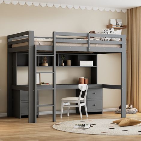 Lit mezzanine moderne 90x200 cm avec bureau, 4 tiroirs et rangements, pin massif et MDF, gris (1/5)