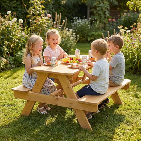 Ensemble salon de jardin extérieur enfant. table pique-nique enfant avec bancs. cadre en bois massif. bois naturel