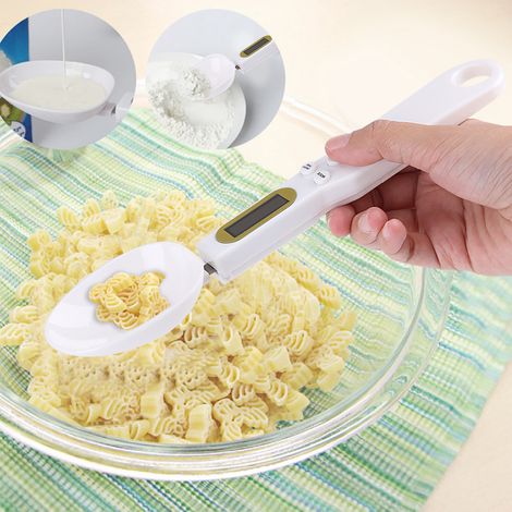 Tragbare elektronische digitale Küchenwaage mit LCD-Display (500 g/0,1 g) inklusive Messlöffeln (Weiß) (1/5)