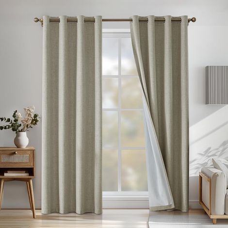 Rideau 100% Occultant, 140x300cm, Effet Lin Lot De 2, Rideau Thermique Isolant Anti Froid Et Chaleur, Rideaux Occultant À Oeillets, Rideaux Acoustiques, pour Salon, Chambre, Naturel (1/5)