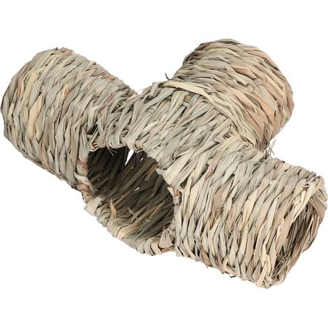 Niche tunnel en herbe et en paille avec quatre entrées ouvertes pour rats, hamsters syriens, furets et cochons d'Inde (1/5)