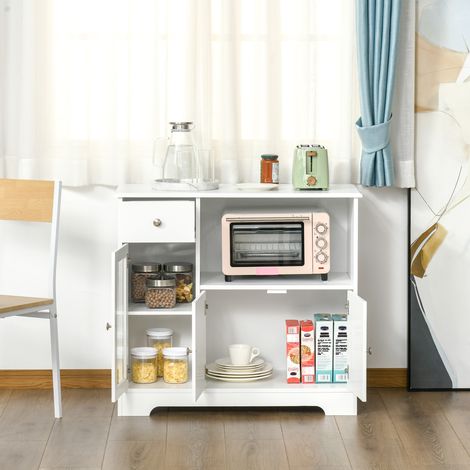 Meuble micro-ondes, buffet cuisine, armoire de rangement, pour cuisine, blanc, salle à Manger 90 x 40 x 82 cm verre trempé et bois