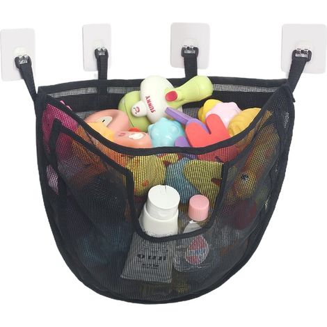 Filet de rangement pour jouets de bain, grand panier à jouets de douche en maille, organisateur de salle de bain avec poches latérales et crochets adhésifs, baignoire à séchage rapide pour enfants et