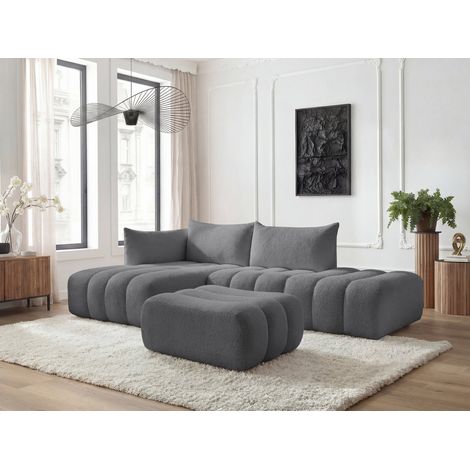 BOBOCHIC - Canapé d'angle fixe modulable AZRA tissu bouclette avec pouf Angle gauche  Gris foncé