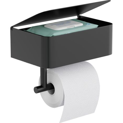 Porte Papier Toilette Mural 2en1 avec ou sans Perçage avec Rangement & Support Téléphone en Métal Distributeur Rouleau PQ Décoration Noir Mat