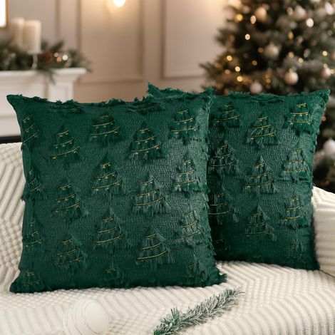 Lot de 2 housses de coussin décoratives en laine douce, imitation fourrure de sapin, lignes dorées pour les vacances, l'hiver, le salon, le canapé, vert 40 x 40 cm (1/5)