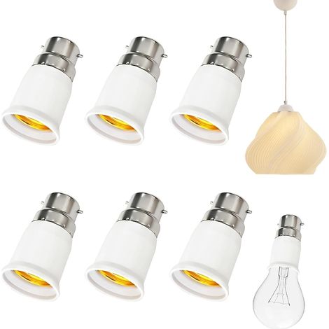 6 PCS Adaptateur B22 e E27,Adaptateur Ampoule Baillonette vers Vis, Convertisseur de Douille Baïonnette B22 vers Vis E27,0-250V,pour Ampoules LED,Incandescente Halogène et CFL pour Eclairage. (1/5)