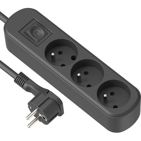 Bloc Multiprises 3 prises, interrupteur et fiche Plate - 1,5m, noir (1/5)
