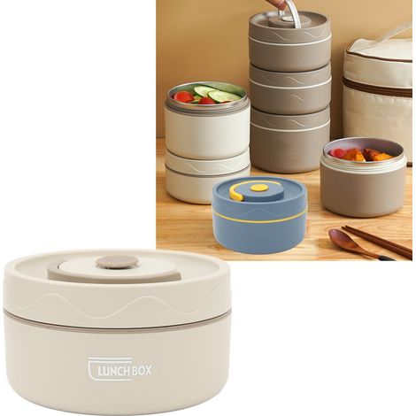 Isolierte Lunchbox (420 ml), Edelstahl 304, zwei Fächer, rund mit Deckel, auslaufsicher und isoliert – Cremeweiß (1/5)
