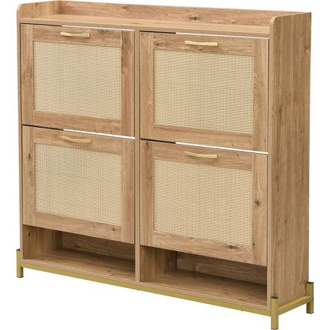 Scarpiera salvaspazio in MDF effetto rattan con 4 ante, struttura in metallo e ripiano superiore (1/5)