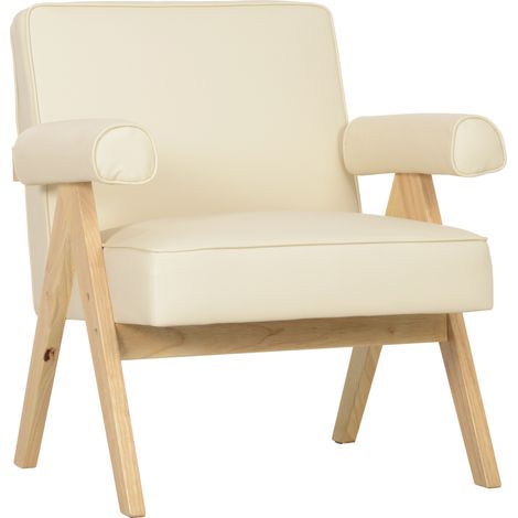 Sofá de salón tapizado en piel sintética con reposabrazos y estructura de madera de caucho para dormitorio, capacidad de 120 kg, color crema (1/5)
