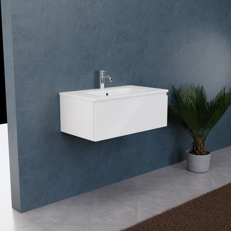 Inda - Badezimmerschrank B.80 mit matt/glänzend weißem Waschbecken 1 Schublade - Rubin (1/5)