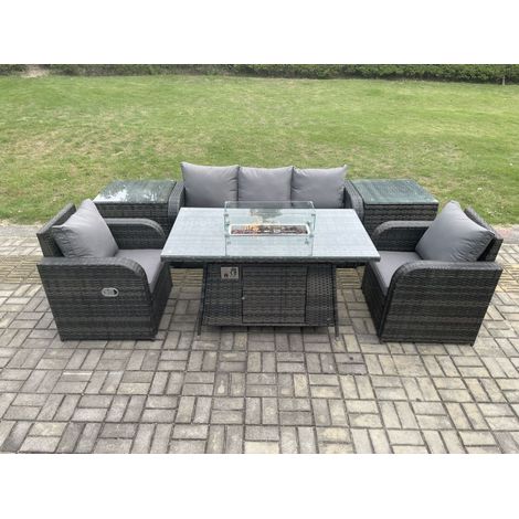 Fimous Polyrattan Gartenmöbelset Gasfeuerstelle Esstisch mit Sofa 2 Beistelltischen (1/5)
