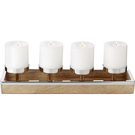 Chandelier de l'Avent pour 4 Bougies en Acier Inoxydable et Bois de Manguier Argenté 45 cm - PANGIVO (1/5)