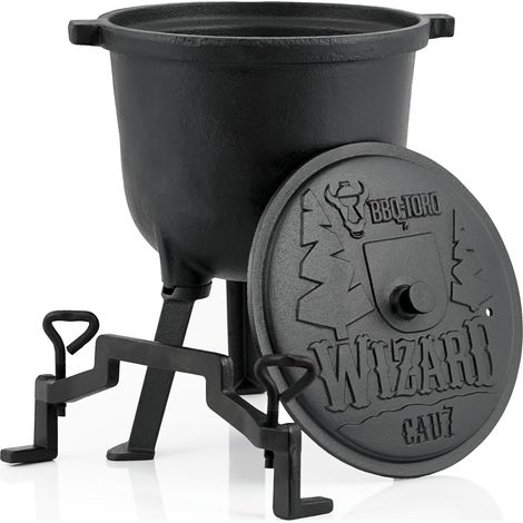 BBQ-Toro Zauberkessel "Wizard", 7 Liter, Gusseisen Kochtopf mit drei Beinen, Deckel und Bügel
