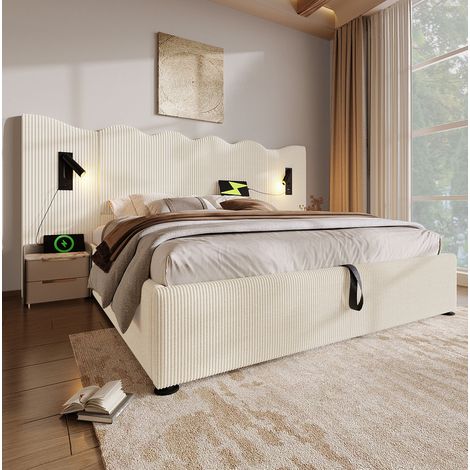 lit coffre 180x200 avec lampe USB C Cord beige HAVRYA (1/5)