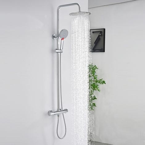 Detbom – Colonne de douche thermostatique – Acier inoxydable chromé – Tête de douche ronde 250mm – 3 jets – Hauteur réglable 1006-1206mm