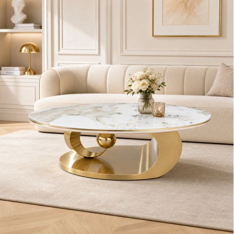 Table basse ovale 120x67x41 cm en verre trempé, effet marbre blanc et doré, pour salon – MEUBLIV (1/5)