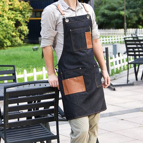 Tablier de cuisine unisexe en PU noir, avec plusieurs poches, idéal pour la cuisine et la restauration. (1/5)